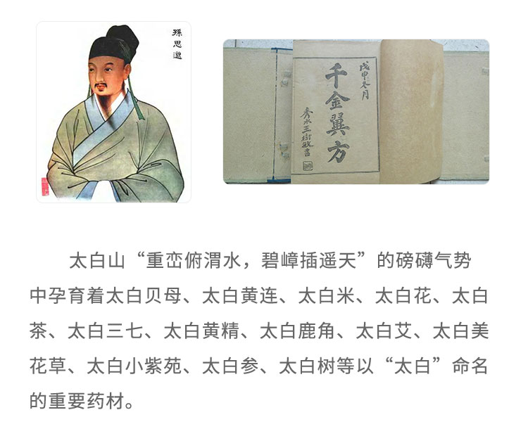 太白山“重峦俯渭水，碧嶂插遥天”的磅礴气势中孕育着太白贝母、太白黄连、太白米、太白花、太白茶、太白三七、太白黄精、太白鹿角、太白艾、太白美花草、太白小紫苑、太白参、太白树等以“太白”命名的重要药材。
