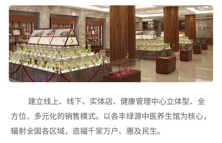 推行全面质量管理(TQM) ，从中医药药的研发、种植、加工、GMP生产、销售，到社区健康管理，建立了一条庞大而完整的现代中医药养生产业链条，在对自身各个环节不断进行完善的同时，丰绿源将往中医药养生服务方向逐步推进，努力推行健康管理+模式，打造多元化现代医疗、休闲、养老、美容、养生等，个性化的高端健康管理新模式。建立线上、线下、实体店、健康管理中心立体型、全方位、多元化的销售模式。以各丰绿源中医养生馆为核心，辐射各个区域，造福千家万户、惠及民生。