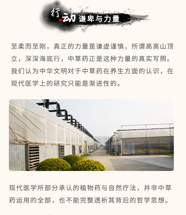 至柔而至刚，真正的力量是谦虚谨慎，所谓高高山顶立，深深海底行，中草药正是这种力量的真实写照。我们认为中华文明对于中草药在养生方面的认识，在现代医学上的研究只能是渐进性的。现代医学所部分承认的植物药与自然疗法，并非中草药运用的全部，也不能完整透析其背后的哲学思想。