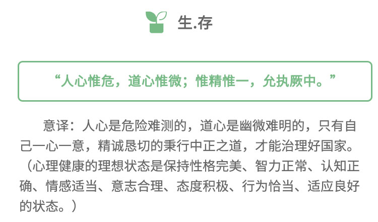 意译:人心是危险难测的，道心是幽微难明的，只有自己一心一意，精诚恳切的秉行中正之道，才能治理好国家。(心理健康的理想状态是保持性格完美、智力正常、认知正确、情感适当、意志合理、态度积极、行为恰当、适应良好的状态。) .